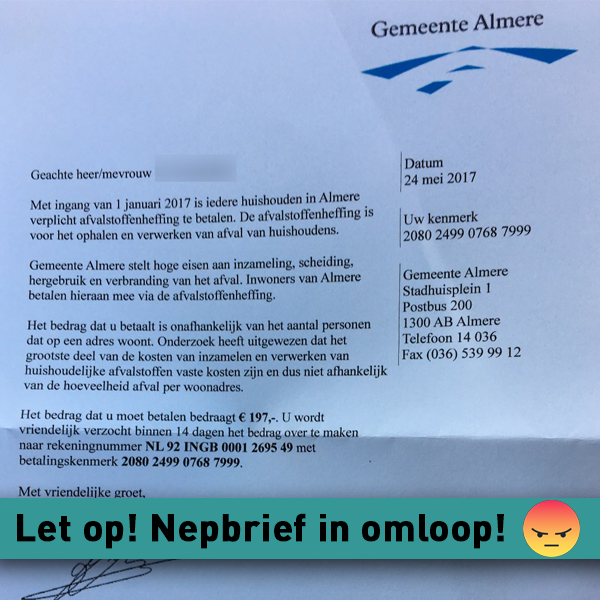LET OP! Er is een valse brief mbt afvalstoffenheffing in omloop! Dit is geen officiële brief van de gemeente, betaal niks!