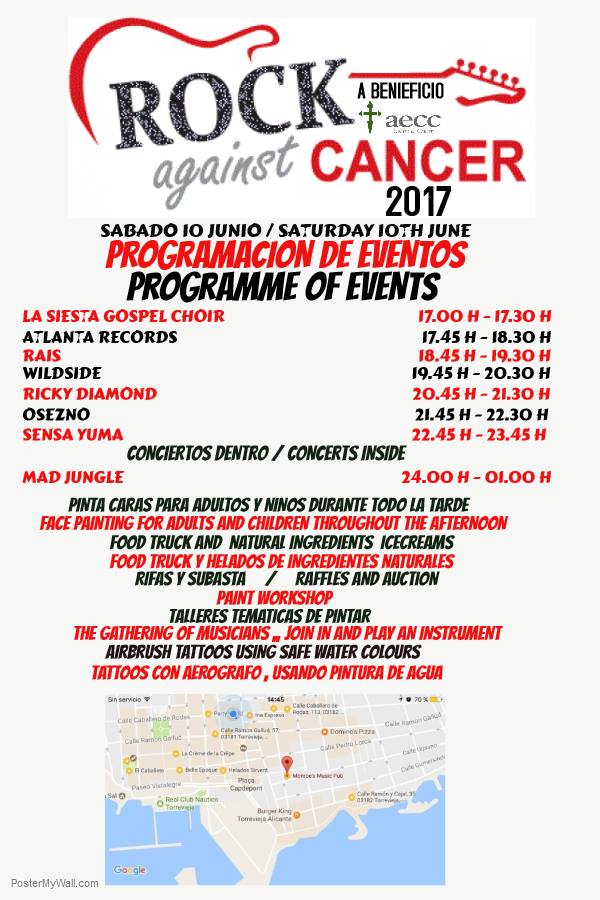 ya están los horarios del ROCK AGAINST CANCER  del 10 de junio en torrevieja.
timetables are out for the ROCK AGAINST CANCER on 10 of june..