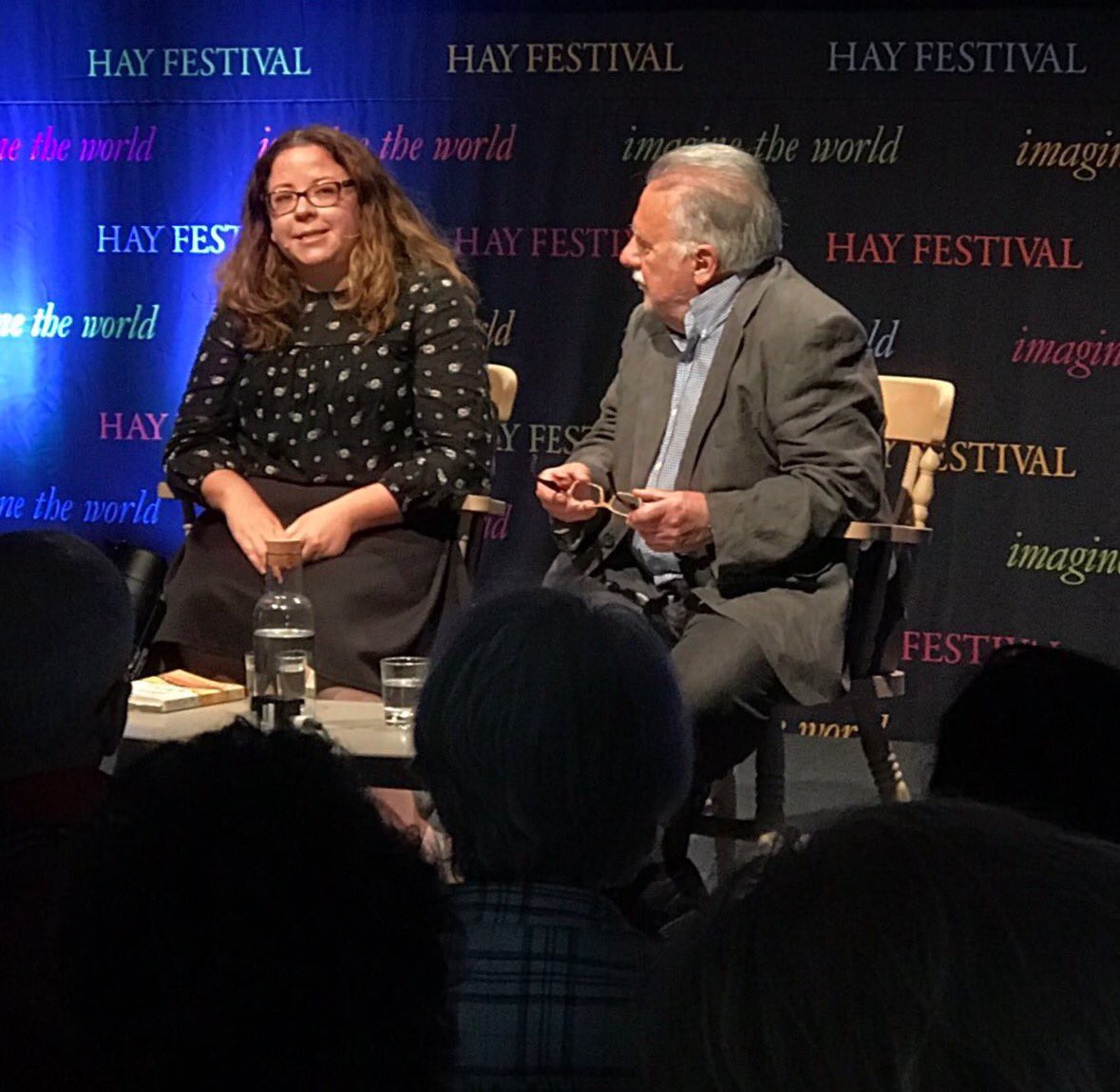 dylanthomprize's tweet photo. A couple of photos of #IDTP17 @SwanseaUni winner Fiona McFarlane in conversation with Prof. Dai Smith at @hayfestival earlier today. https://t.co/R8w3W8l91q