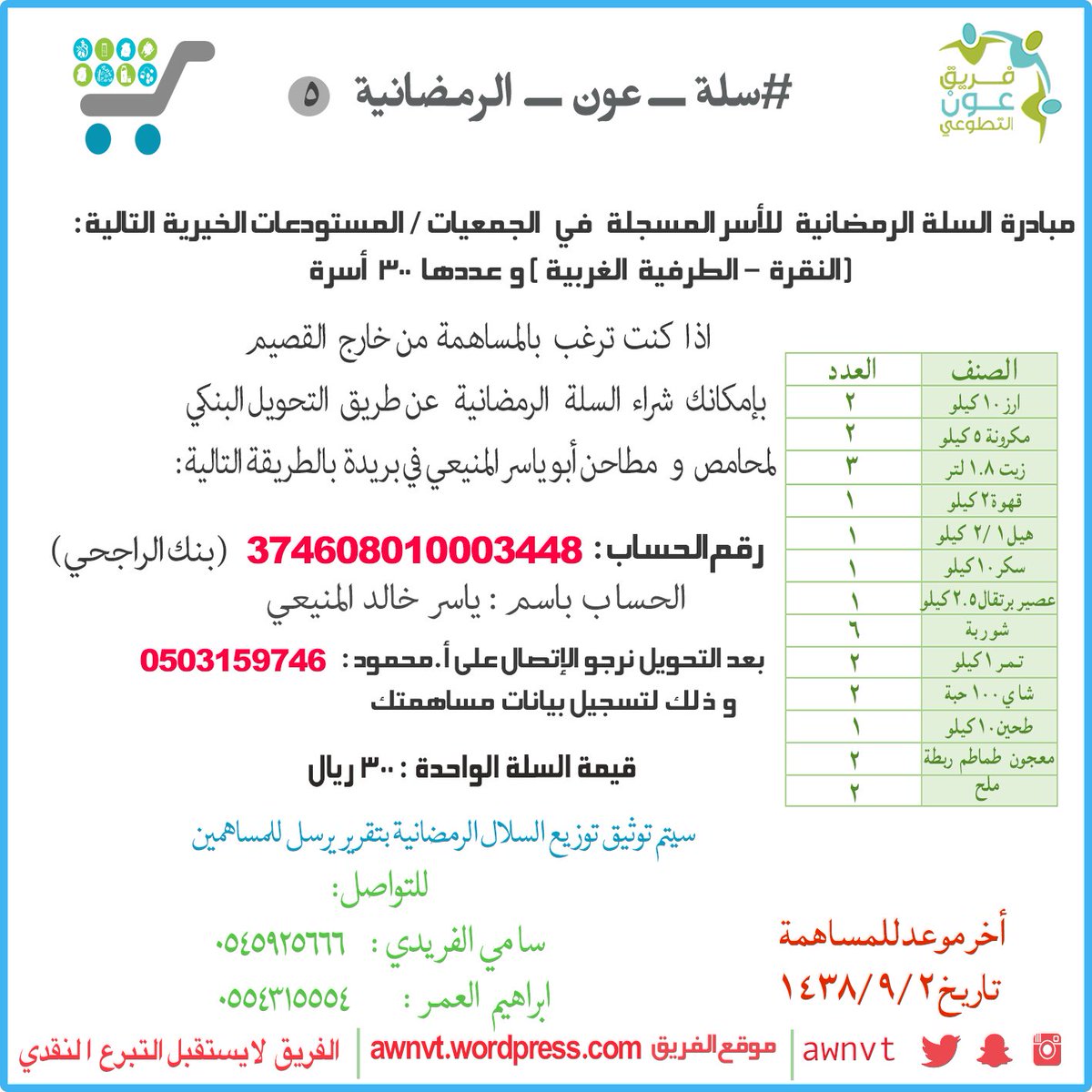 awnvt's tweet photo. غدًا الثاني من رمضان هو آخر موعد للمساهمة معنا في #سلة_عون_الرمضانية

٣٠٠ أسرة بانتظار دعمكم ❤️🙏🏽 https://t.co/38yHSPpqQz