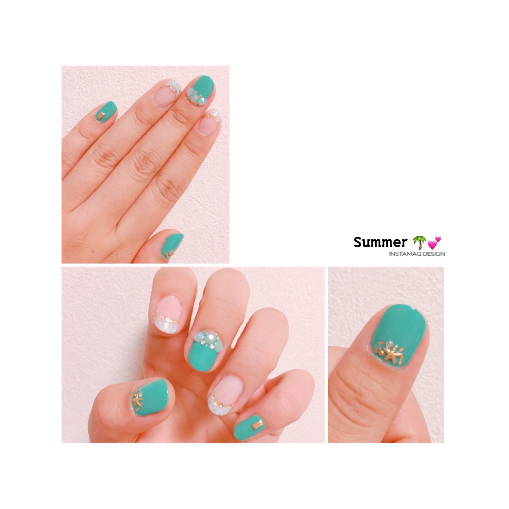 Yuki できた 今度は緑で夏先取りネイル キラキラのホロがほんと使える 買ってよかった 可愛い ちび爪ネイル ネイル フレンチネイル サンドジェム サンドジェムネイル 緑 100均ネイル プチプラ ネイル 夏ネイル セルフ