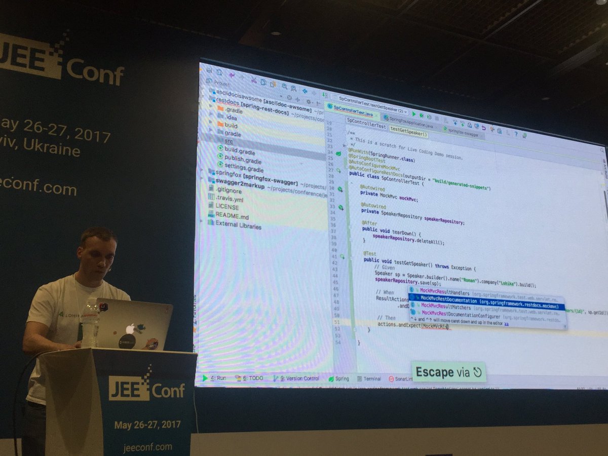 tmatyashovsky's tweet image. Live coding of test driven documentation flow #springrestdocs #asciidoctor @tsypuk_r at #jeeconf
