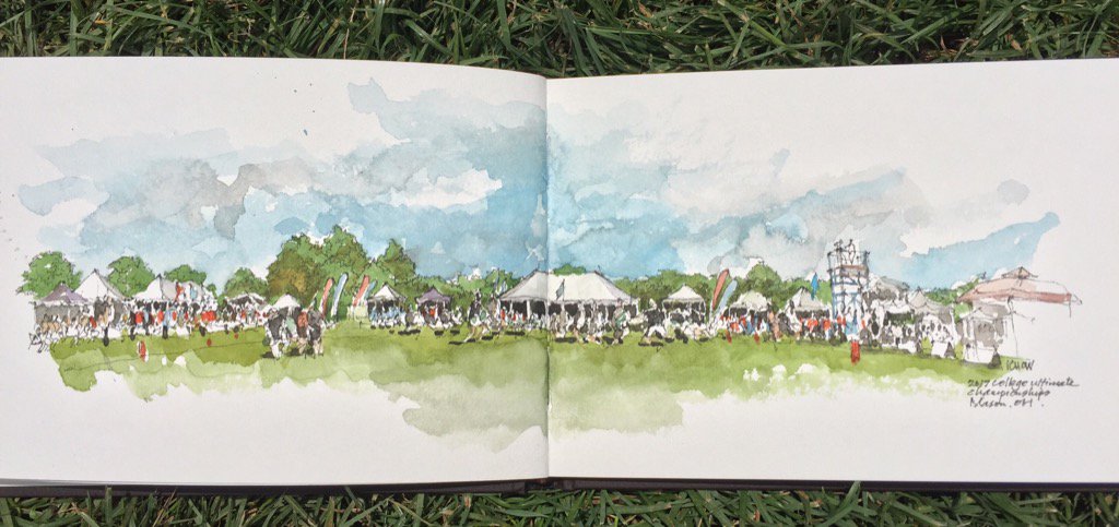 Ultiworld's tweet image. An amazing watercolor painting of the Showcase Field at College Nationals. Artist: Ivan Chow.