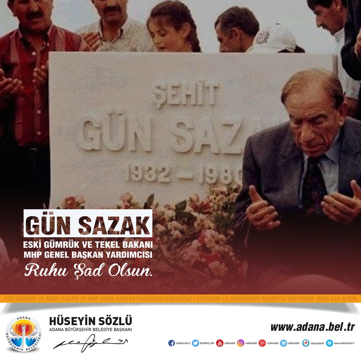 Eski gümrük ve tekel bakanı, MHP genel başkan yardımcısı, Şehidimiz Gün Sazak'ı vefatının yıldönümünde rahmetle anıyorum.