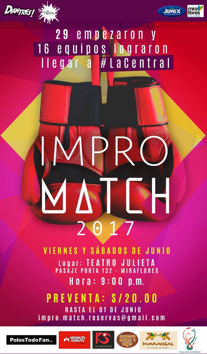 ACDiantres's tweet photo. 16 equipos lo darán todo en el escenario del Teatro Julieta.
Viernes y sábados de junio a las 9:00 p.m.
¡Te esperamos!
#ImproMatch2017 https://t.co/TlLYlkmfQh
