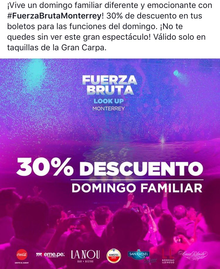 monicacruz97's tweet photo. Aprovecha el descuento y no te pierdas#FuerzaBrutaMonterrey #lookupmty #ParqueDiegoRivera https://t.co/no56bL8XLZ