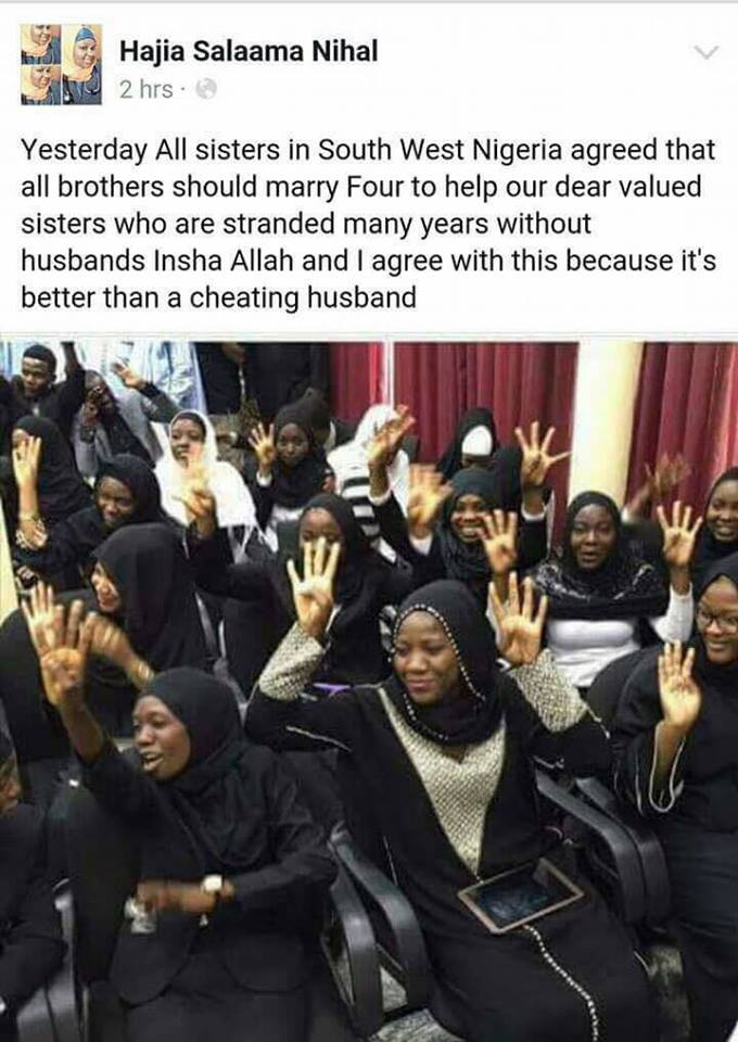 bhensaa's tweet photo. Muslim sisters asking Muslim brothers to marry no less than 4 sisters each, Subhanallah!
#IslamicMiracles https://t.co/mePrTN4lXX