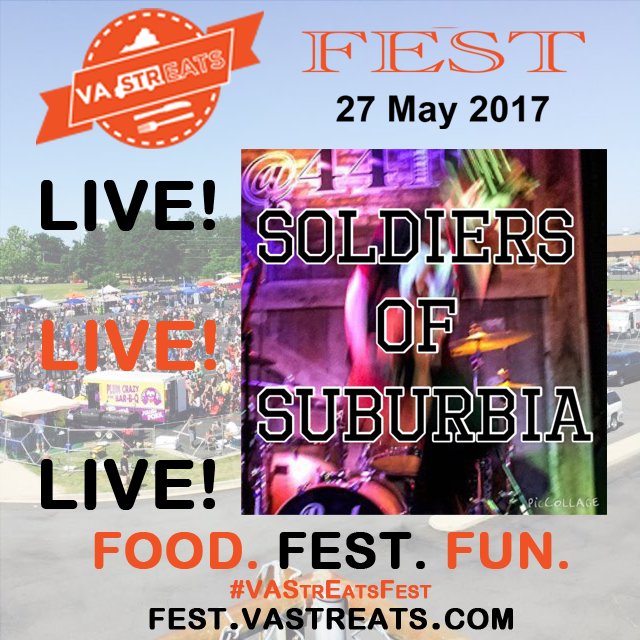 VAStrEats's tweet photo. LIVE! On stage at #VAStrEatsFest at #PotomacMills Mall: Soldiers of Suburbia @ShoPotomacMills https://t.co/vVMnBJh112