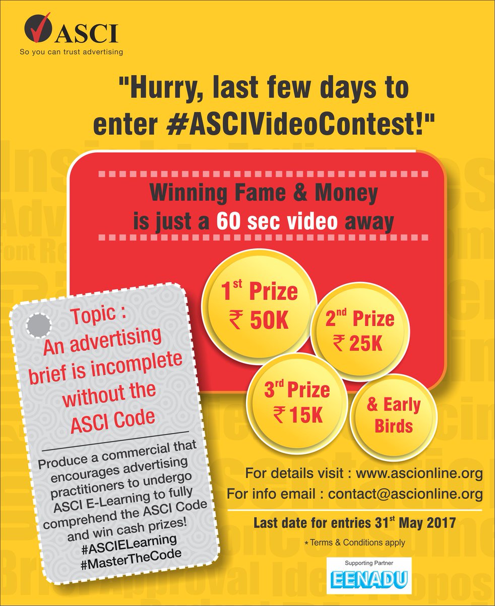ascionline's tweet photo. #WorthyWeekend - Make your weekend count. Participate in #ASCIVideoContest Cash prizes upto 50K. https://t.co/3WZrSl63Kx
@advertising_com https://t.co/HY6c1u4mqo