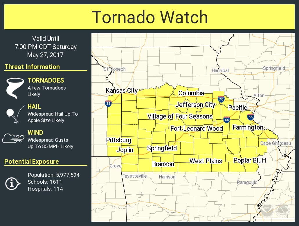 A tornado watch has been issued for parts of kansas and missouri until 7 pm cdt ...