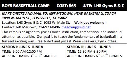 LHS Basketball (@farmer_hoops) on Twitter photo Looking for something to do this summer? Don't forget to sign up for the LHS Basketball Camp June 5-8. Contact <a href="/JMeGown/">Jeff MeGown</a> MeGownJ@lisd.net Looking for something to do this summer? Don't forget to sign up for the LHS Basketball Camp June 5-8. Contact <a href="/JMeGown/">Jeff MeGown</a> MeGownJ@lisd.net
