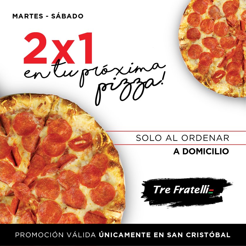 TreFratelliGt's tweet photo. ¡Para los que aman la pizza!
Todos los martes y los sábados disfruta de 2x1 en tu orden A DOMICILIO.
*Promoción únicamente en San Cristóbal. https://t.co/WvktWcTL3S