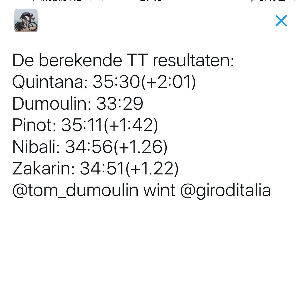 De berekende TT resultaten:

Quintana: 35:30(+2:01)
Dumoulin: 33:29 
Pinot: 35:11(+1:42)
Nibali: 34:56(+1.26)
Zakarin: 34:51(+1.22)
💪🏆👍