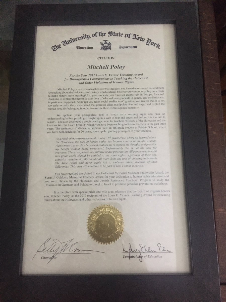 mitchpolay's tweet photo. Very honored to receive the Louis Yavner Award presented to a NY State teacher for teaching of Holocaust and Human Rights. Thank you all. https://t.co/z2xT1Ch510