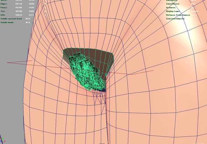 下の毛のポリゴンはこうなってる。
テクスチャで描くのではなく、立体で描画させている。 