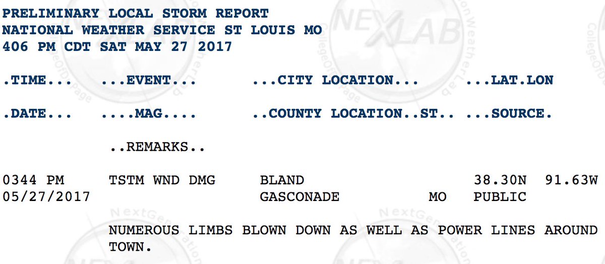 tornado_talk's tweet photo. #LocalStormReport from @NWSStLouis - Thunderstorm wind damage: "Numerous limbs blown down as well as power lines around". City: Bland #MOwx https://t.co/61c9ZE6eJb