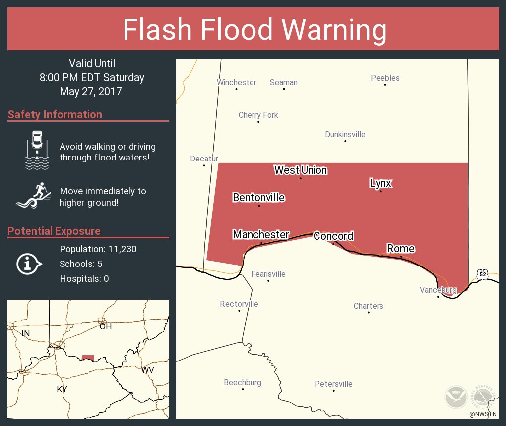 NWSILN's tweet photo. Flash Flood Warning continues for West Union OH, Manchester OH, Bentonville OH until 8:00 PM EDT https://t.co/VZ9TTjtHX0