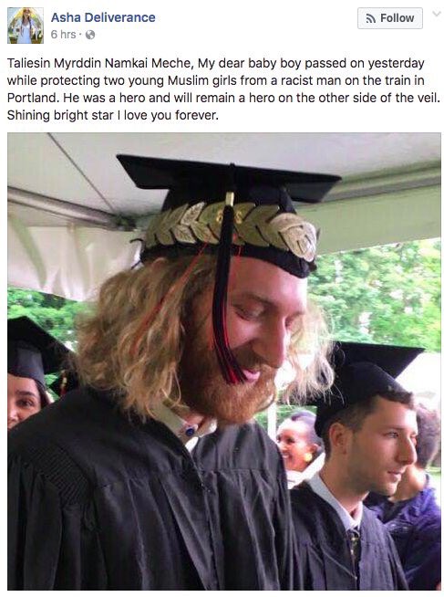 اخذ كورسا عن الاسلام عام ٢٠١٥ ليحاول ان يفهمنا. قُتل امس وهو يحاول منع عنصري ابيض من مضايقة فتاتين مسلمتين. والدته تنعيه هنا كبطل.