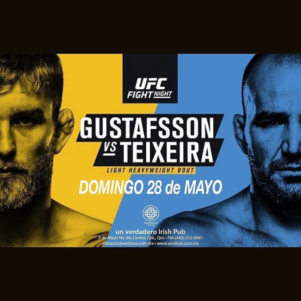 WicklowIrishPub's tweet photo. DOMINGO 28 de MAYO
GUSTAFSSON vs TEXEIRA
🏆 🍹#ufc #ufcnights #pub #drink #drinks #slurp #fight #fighter #octagon #ufcfightnight #pub #bar #l… https://t.co/CrSyZYjyAI