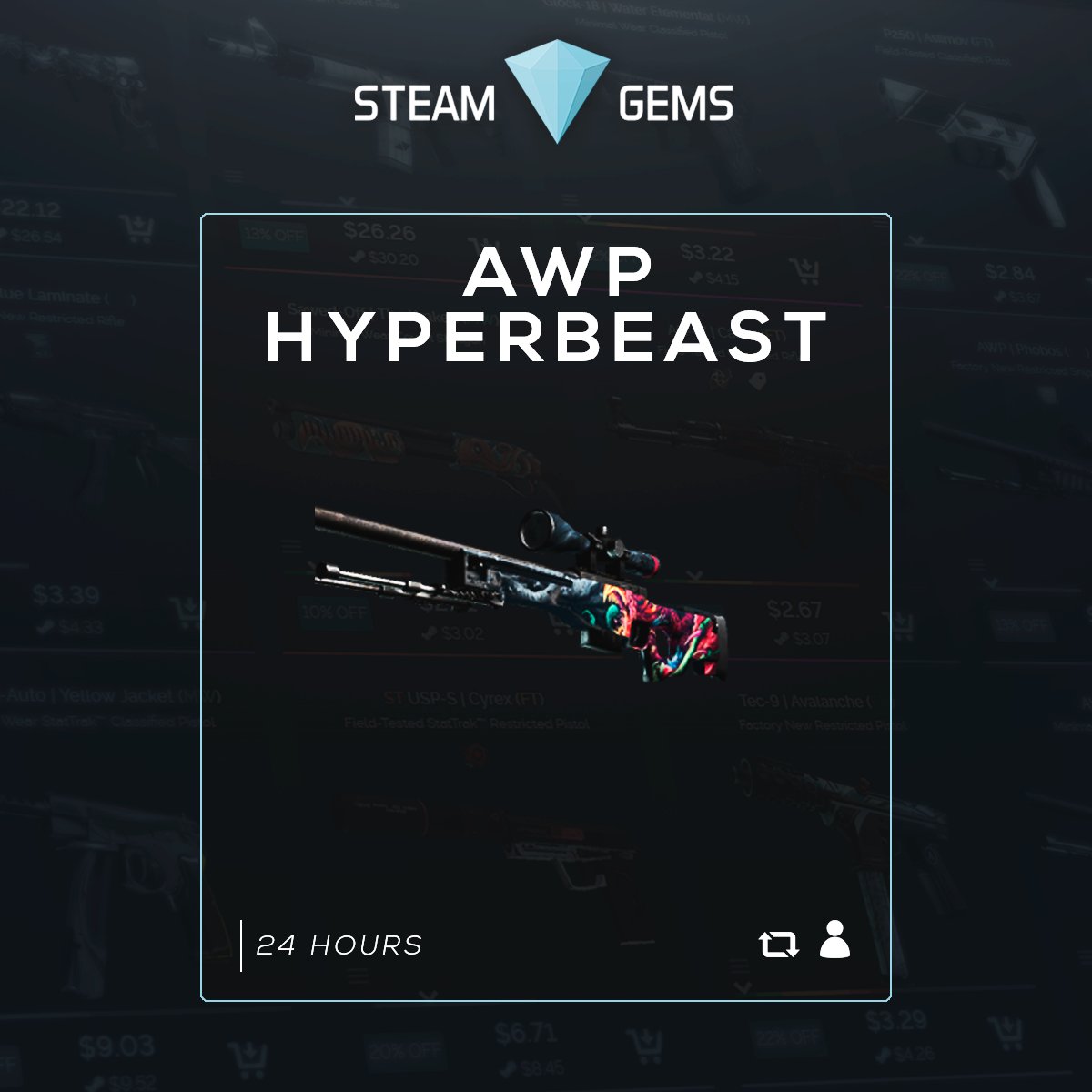 SteamGems's tweet photo. 🎁 AWP HYPERBEAST

* ReTweet &amp; Follow Us

* VISIT https://t.co/unKXMiSZRp  

* Activate our Notifications

 #CSGO https://t.co/QDHmRDe7ip