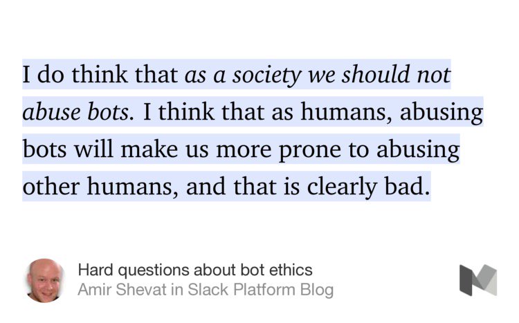 GOreadwrite's tweet image. “Hard questions about bot ethics” by @ashevat medium.com/slack-develope…