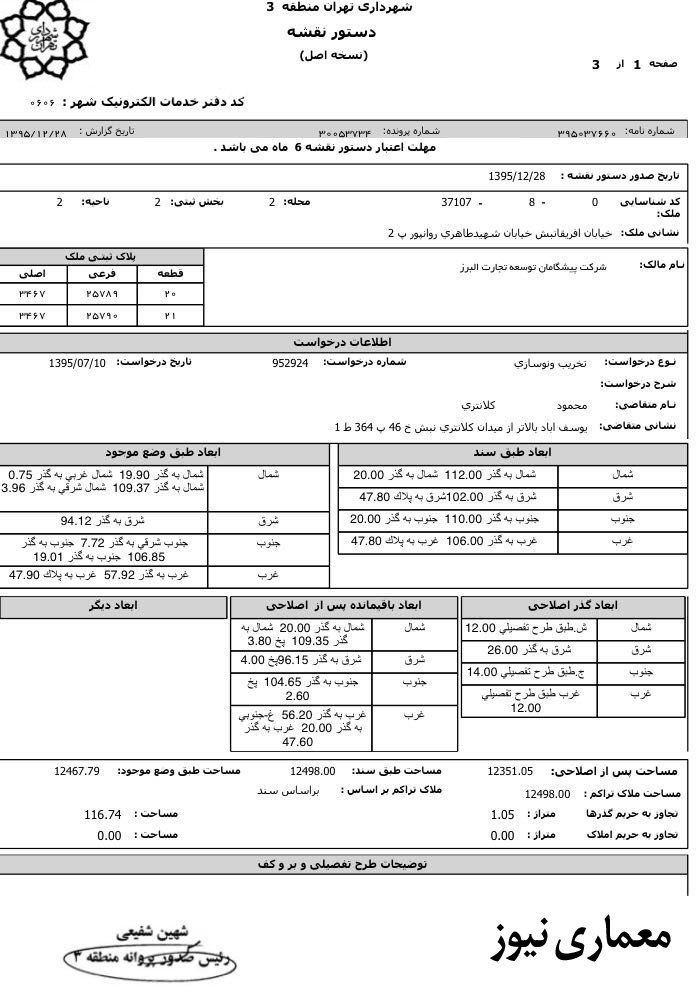 yasharsoltani's tweet photo. شهرداري تهران دستورنقشه تخريب و نوسازي زمین ⁧ #كاخ_ثابت_پاسال را ٩٥/١٢/٢٨ بامالكيت شركت پيشگامان توسعه تجارت البرز صادر كرد
٤٤٠%تراكم
١٤طبقه https://t.co/6HTJM7wFR3