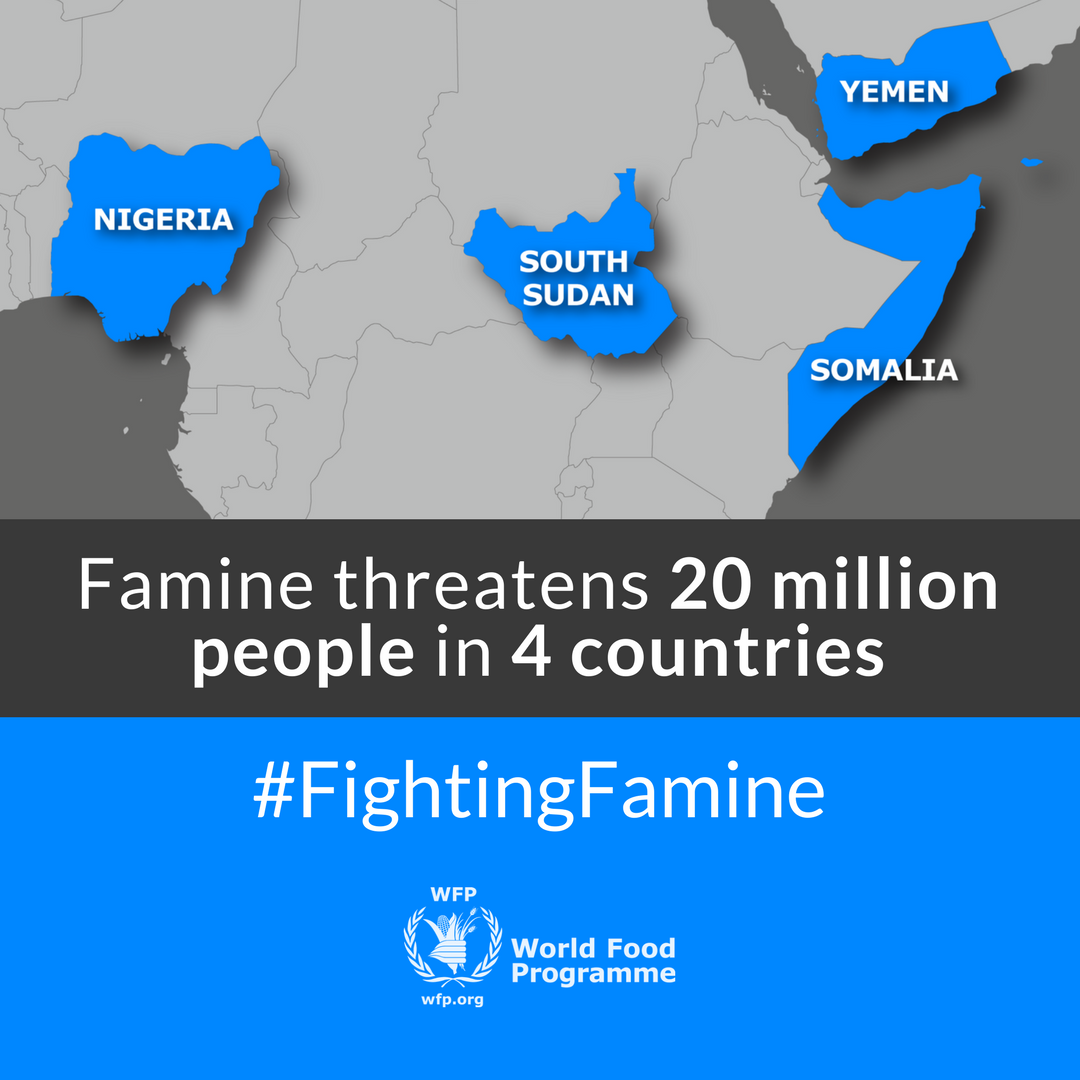 WFP's tweet photo. #FightingFamine in numbers:
➨ 20M people face risk of famine
➨ 1.4M children severely malnourished
➨ WFP needs US$2B this year https://t.co/zu6ZVaqgYt