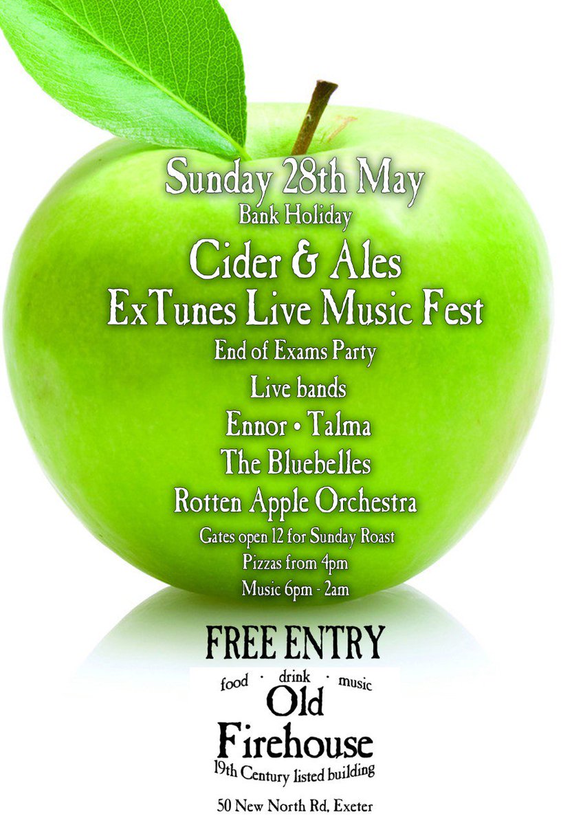 exeterfirehouse's tweet photo. We're open at 12 for Sunday roast. 
Bank holiday special @extunes student bands tonight 6pm-2am 
FREE ENTRY @ExeterStudent @Devon_Hour https://t.co/87qPnyQn2y