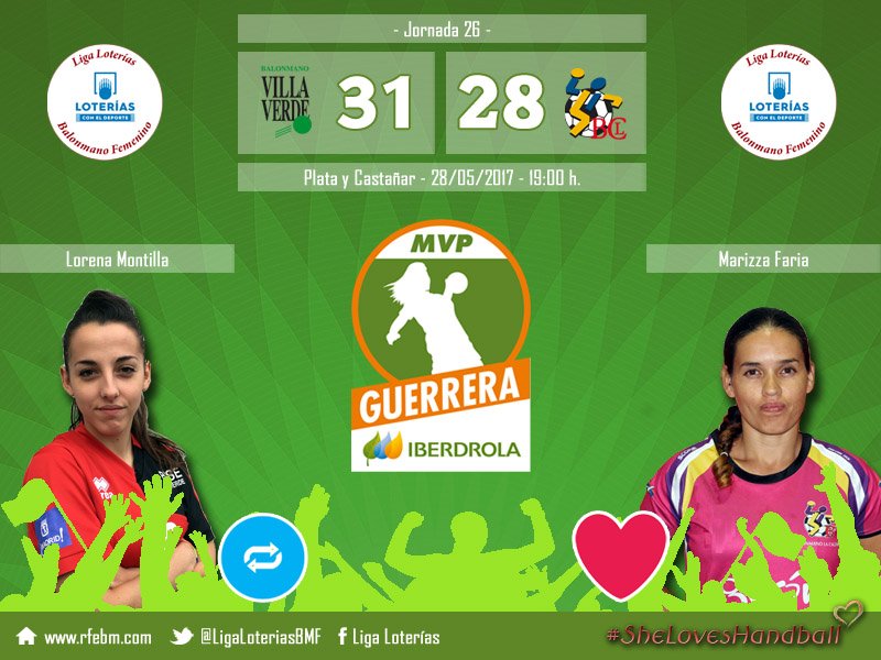 🏆 #GuerreraIberdrola - Jornada 26
🤾 <a href="/base_villaverde/">Madrid Base Villaverde</a> : @CBMaviLaCalzada 
📩 RT: <a href="/LoreMontilla18/">Lorena Montilla</a> 
📩 Me gusta: <a href="/marizzafaria/">Marizza Faría</a>