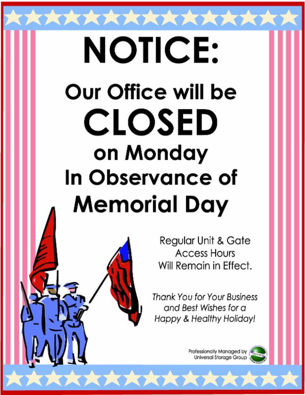 Storage401's tweet image. Our Office Will Be Closed In Observance of Memorial Day conta.cc/2qtvnYK