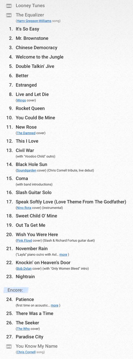 DaniAlvarezEiTB's tweet photo. Repertorio de @gunsnroses en la apertura de la gira europea, con un homenaje a @chriscornell #gnrbilbao #gunsnroses #NotInThisLifetimeTour https://t.co/hEPk7xfjrv