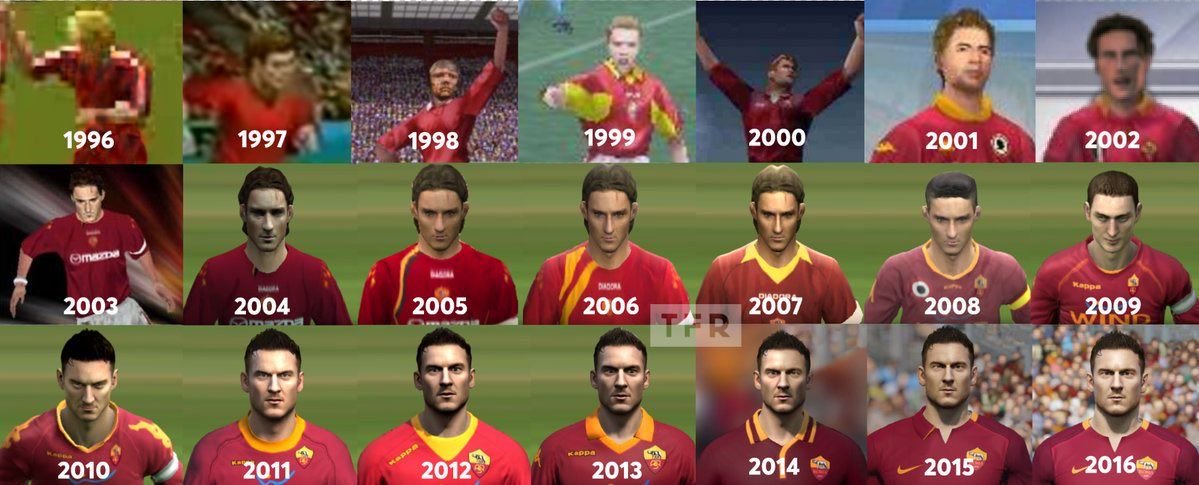 90sfootball's tweet photo. Francesco Totti on FIFA, 1996-2016. https://t.co/RtjehMxtWH