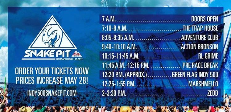 RaveChasers's tweet photo. Quick trip to the @Indy500SnakePit for @thetraphouseduo @AdventureDub @RLGRIME @RicFlairNatrBoy @marshmellomusic @Zedd 
@reactpresents 🎉🙌🏼 https://t.co/V2uEH5ypDK