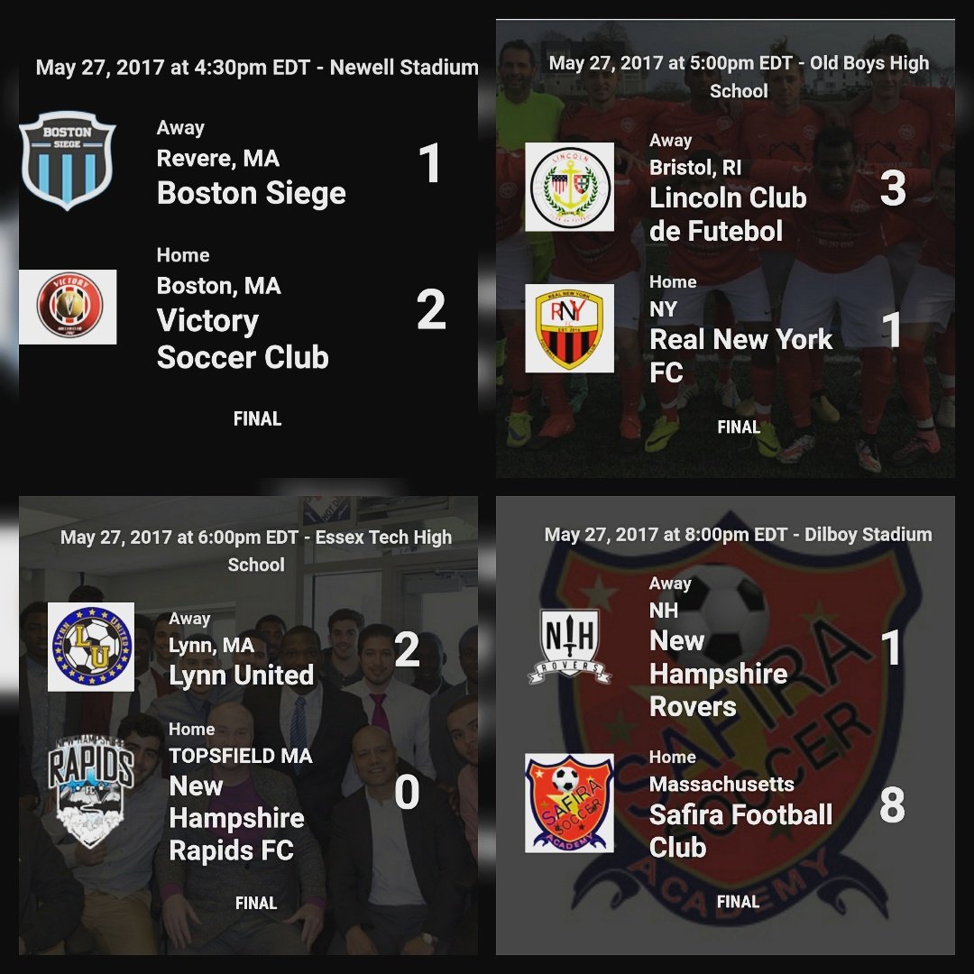 Saturdays Results @BostonSiegeFC <a href="/BostonVictory/">Boston Victory SC</a> <a href="/SoccerSafira/">Safira Football Club</a> <a href="/NHRovers/">NH Rovers</a> <a href="/lincoln_cf1992/">Lincoln Club Futebol</a> <a href="/RealNYFC/">Real NYFC</a> @LynnUnitedFC <a href="/NHRapids/">New Hampshire Rapids</a>