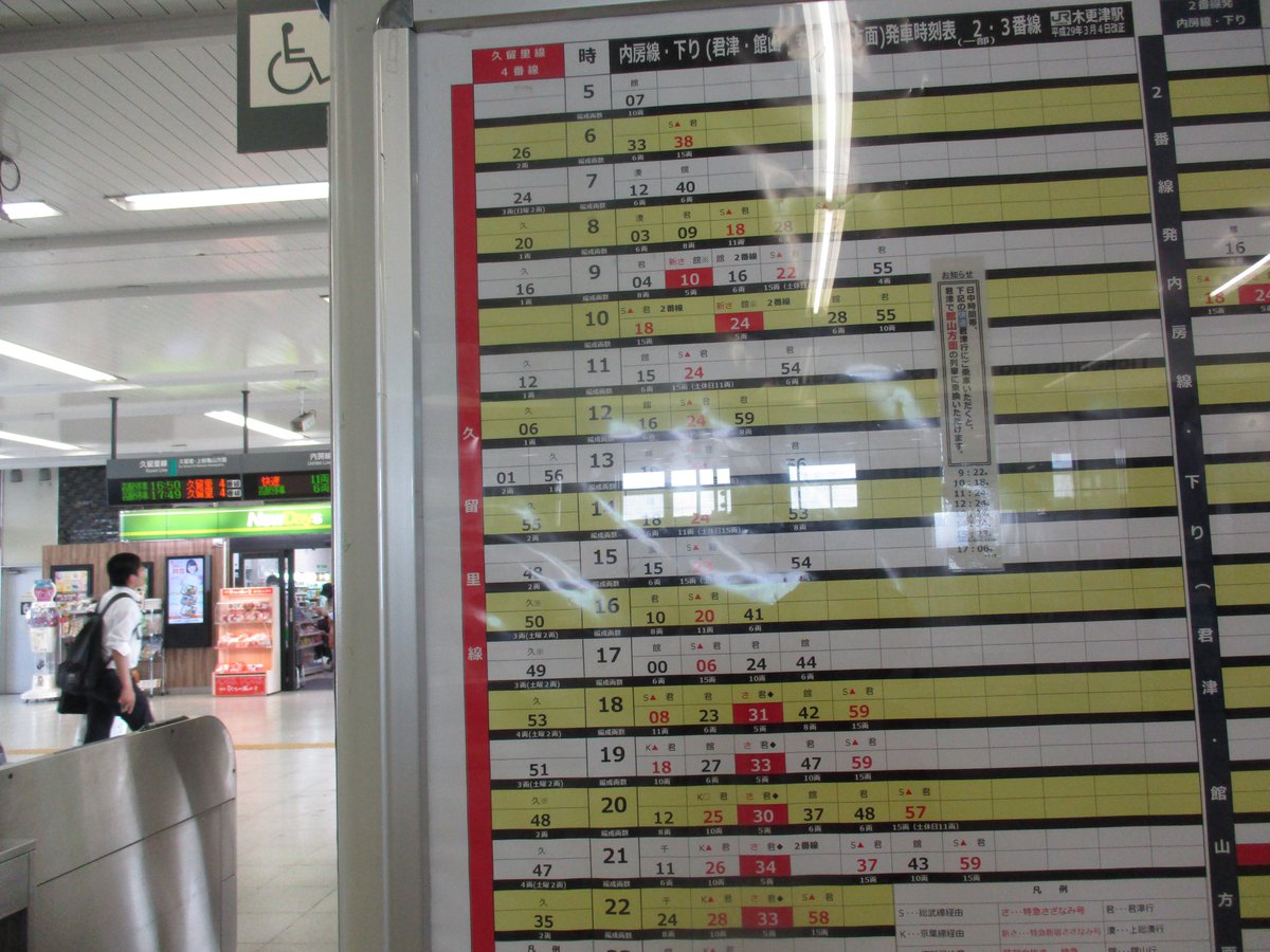 Kazu 木更津駅 下りの時刻表 久留里線は１時間に１本だけ 内房線の 君 とは君津行き 木更津 の一つ先です つまり 君津以南は ほぼ１時間に１本 特急は 木更津 君津と停車しますが 特急停車駅が連続しているだけ 普通列車扱いではないので 特急