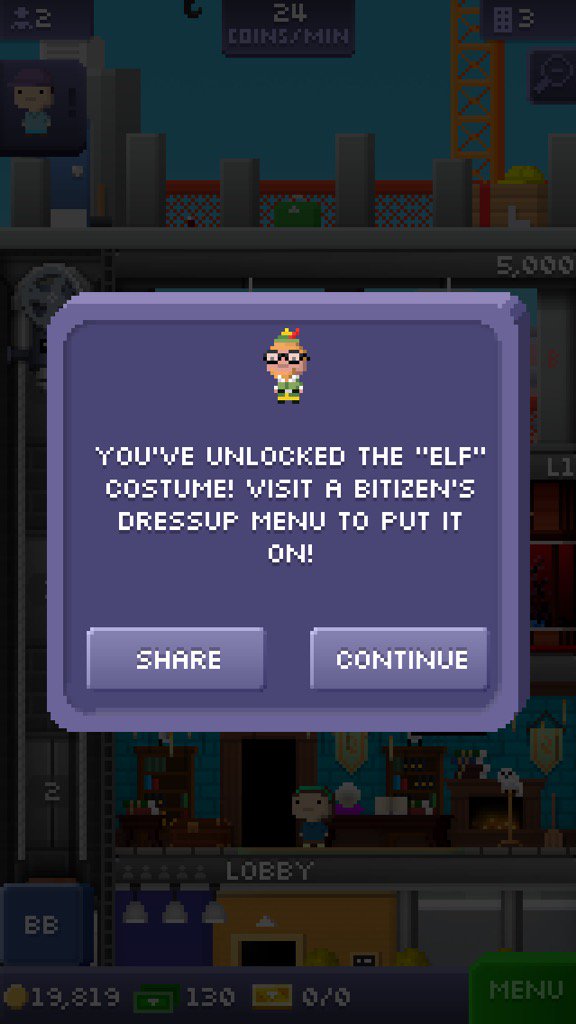 bentleib's tweet photo. I just unlocked the elf costume in Tiny Tower! https://t.co/tGuMBc5VMc