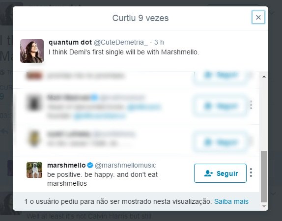 magiadademibra's tweet image. Uma fã tuitou '' Acho que o primeiro single da Demi será com Marshmello''. Logo em seguida, o DJ deu fav no tweet.