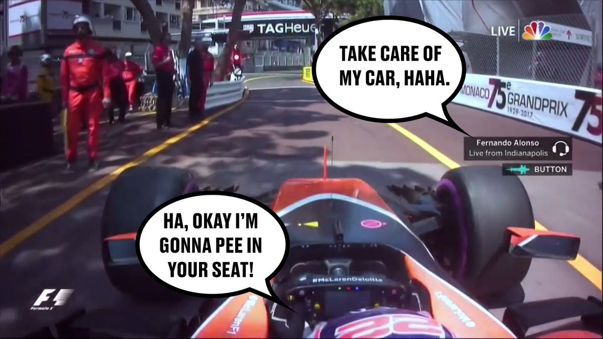 Jenson Button jokingly tells Fernando Alonso he’ll "pee in his seat" while filling in for the Monaco Grand Prix:

sbnation.com/indycar/2017/5…