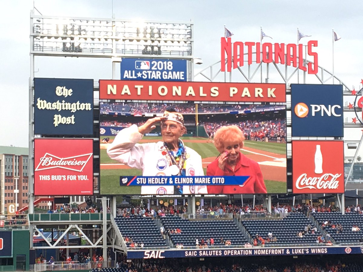 SAICinc's tweet photo. Honoring Stu Hedley, a Pearl Harbor survivor, and Elinor Marie Otto, America's longest working 'Rosie the Riveter,' @Nationals Park https://t.co/rGkYI9lVer