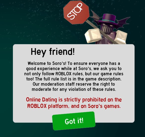 Soro S Restaurant On Twitter A Friendly Reminder From Spearrittrblx Every Time You Start Up Soro S Italian Restaurant V3 - roblox rules online dating