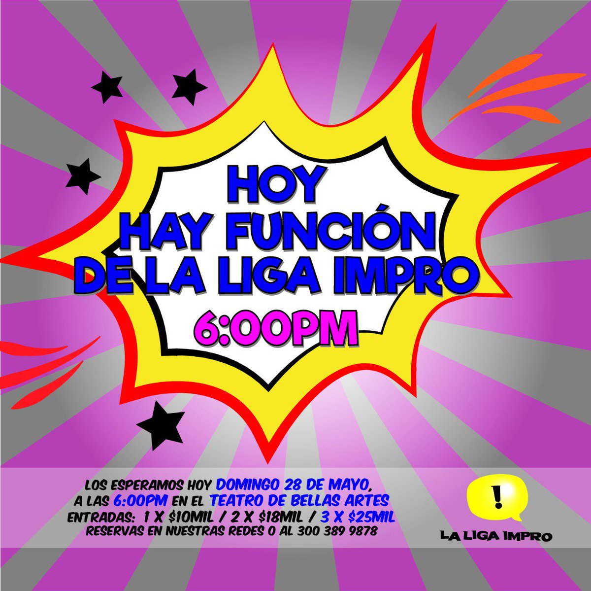ProscenioT's tweet photo. 🎭Hoy es Domingo de #laligaimpro Los esperamos a las 6PM en Bellas Artes. #321Impro (Entradas en la taquilla del teatro)😎 @laligaimpro https://t.co/n4gMD9Gh1A