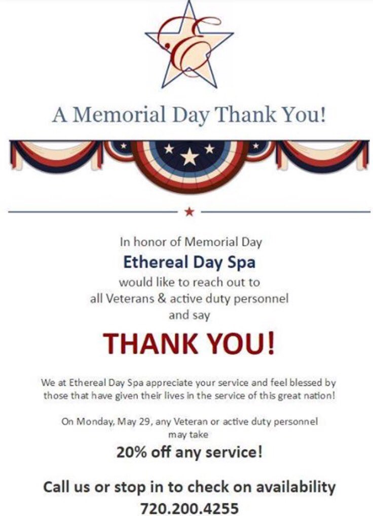 EtherealDaySpa's tweet photo. #memorialday #honoringourveyetans #honoringouractivedutypersonnel #etherealdayspacolorado #thankyouservicemembers https://t.co/8Eom08q1t6