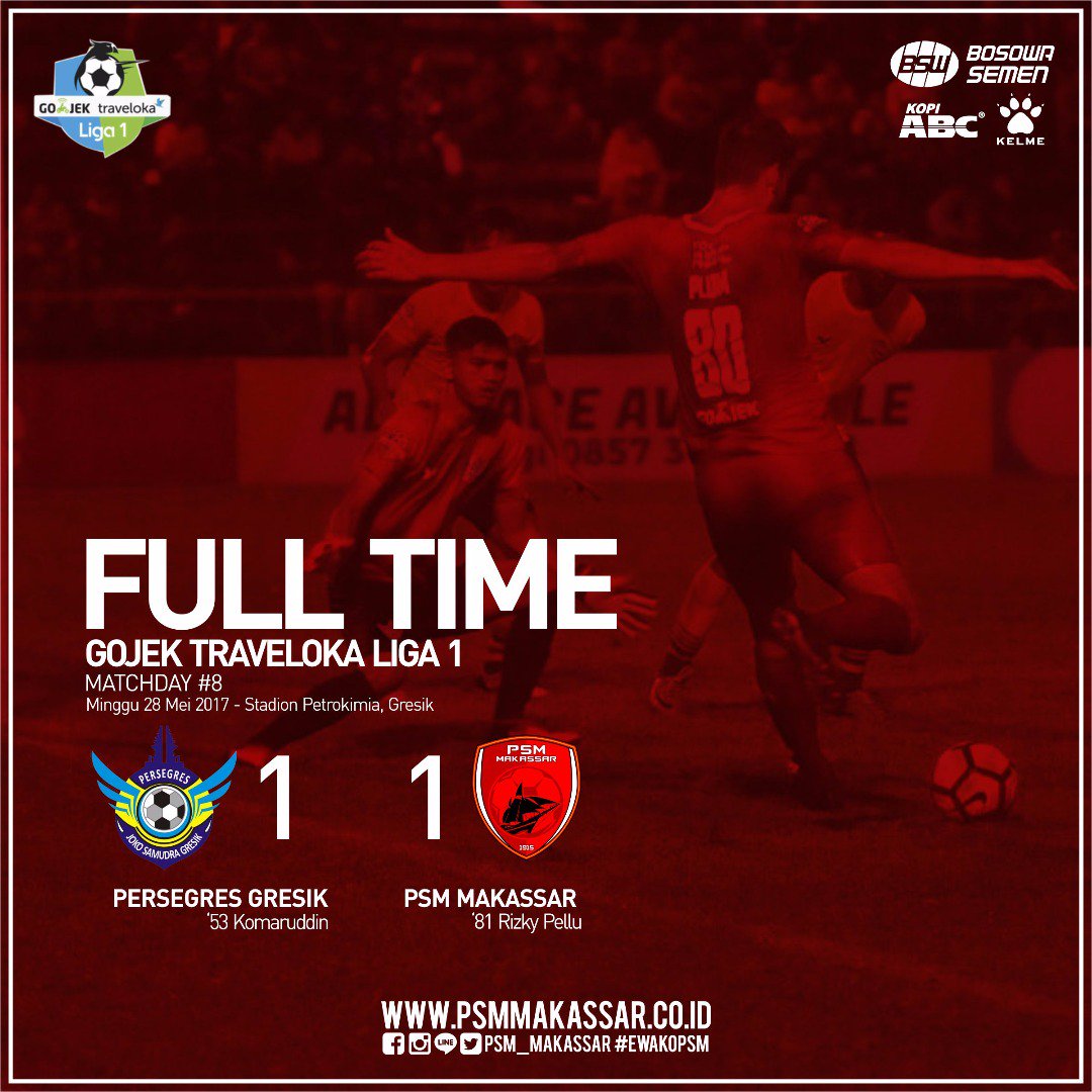 PSM_Makassar's tweet photo. FT PSM Makassar 1 - 1 Persegres. ( 81' Rizky Pellu ; 53' Komaruddin) #EwakoPSM #GojekTravelokaLiga1 #PSMday #PersegresPSM https://t.co/VIjp6Hi8HT