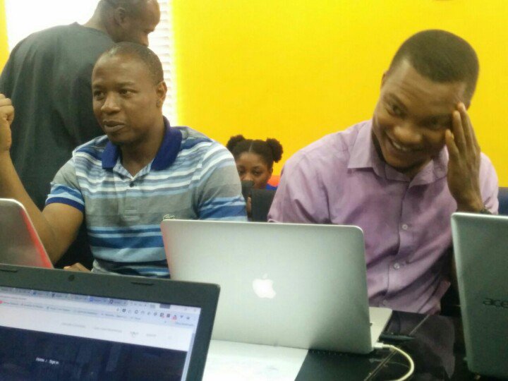 weCodeNG's tweet photo. The smile is an indication that they've got this in the bag. @wecodeNG #WeCodeHackathon @bosuntijani @trishafom #40minsleft #Grandfinale https://t.co/cG3SNRlRq2