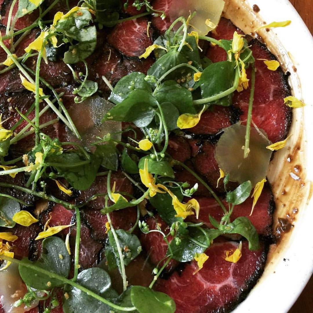 Carpaccio—coffee aioli, celtuce, miner’s lettuce, onion ash. We’re closed tomorrow for Memorial Day. Be back on Tue! instagram.com/p/BUmHdUeFeOI