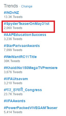 MaheshFanTrends's tweet image. #SpyderTeaserOnMay31st started trending
#SPYder