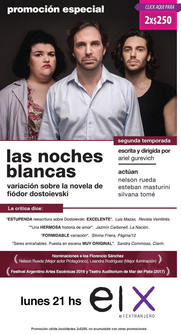 Mañana lunes 21hs <a href="/blancas_noches/">Las Noches Blancas</a> Teatro El Extranjero (Valentin Gomez 3378) ultimas semanas. Veni que hace bien!!  #teatro #milagros #final