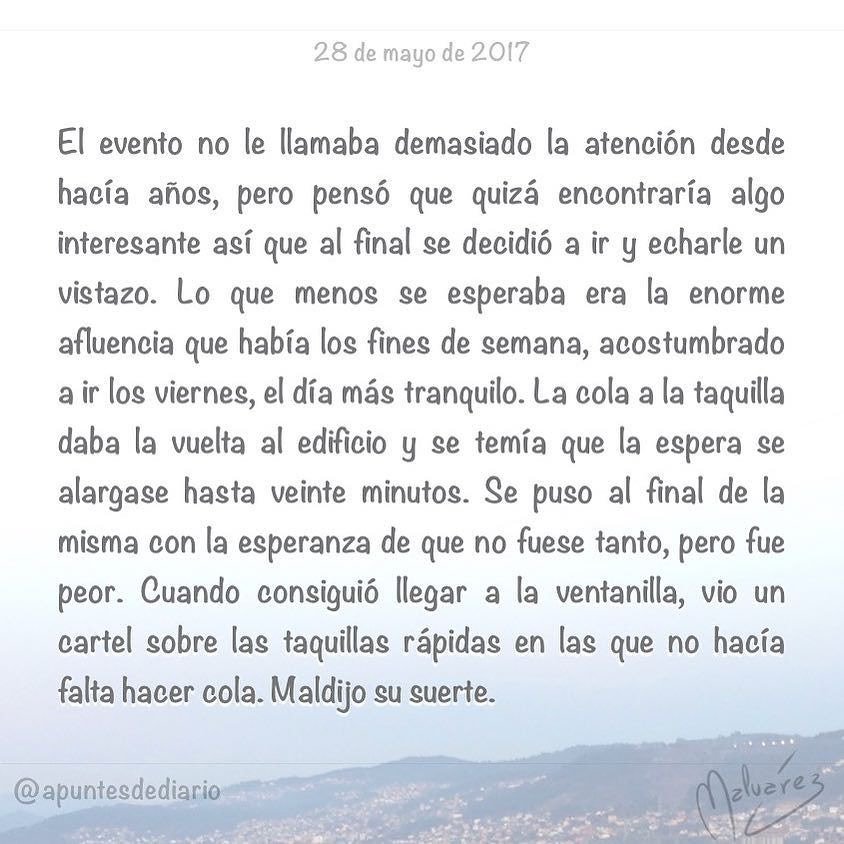 apuntesdediario's tweet photo. 📝28 de mayo de 2017
📔: #MicrocuentoZ
#️⃣: #expotaku #evento #cola #taquilla
#microcuento #microcuentos #microcu… https://t.co/3VNj1fQVuZ https://t.co/ybwDaLqpzC