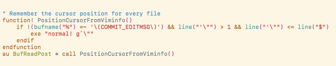 seesharp's tweet image. Add this to your .vimrc to have vim jump to where you last left your cursor.

#vimtips