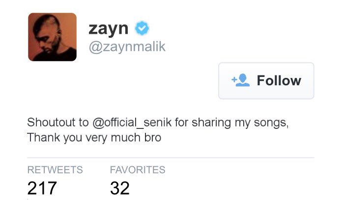 OfficialSenik's tweet photo. @zaynmalik #ZaynMalik thank you so much bro https://t.co/txm2avTeQL